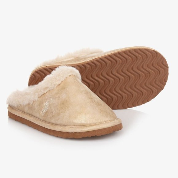 POLO RALPH LAUREN Girls Gold Metallic Fur Slippers Size 12 NEW Rare Authentic